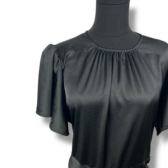 Chelsea28 Black Satin Flutter Sleeve Asymmetric Maxi Length Dress Womens Size M - Picture 11 of 11